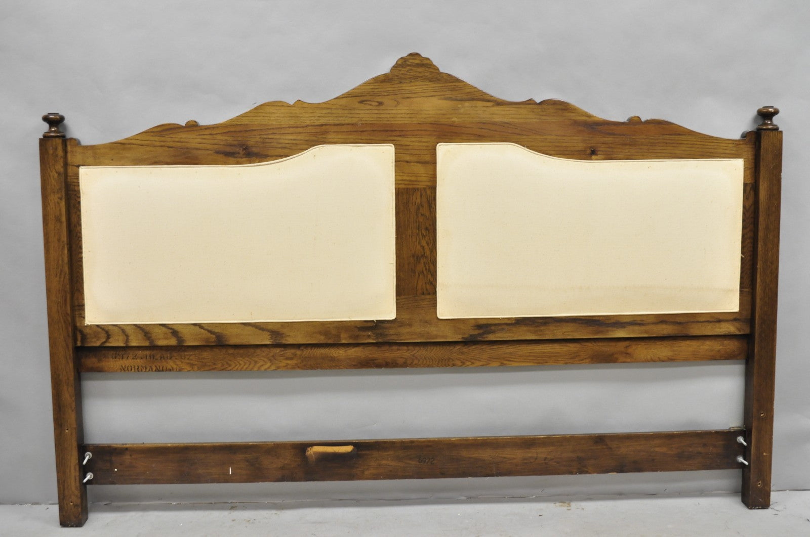 Vintage French Country Provincial Oak Wood Upholstered Panel King Bed Headboard