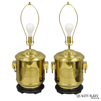 Vintage Frederick Cooper Chinoiserie Double Happiness Brass Drum Table Lamp Pair