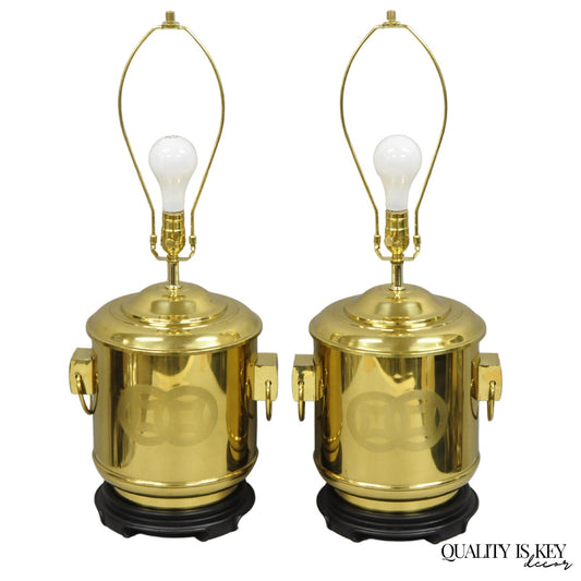 Vintage Frederick Cooper Chinoiserie Double Happiness Brass Drum Table Lamp Pair