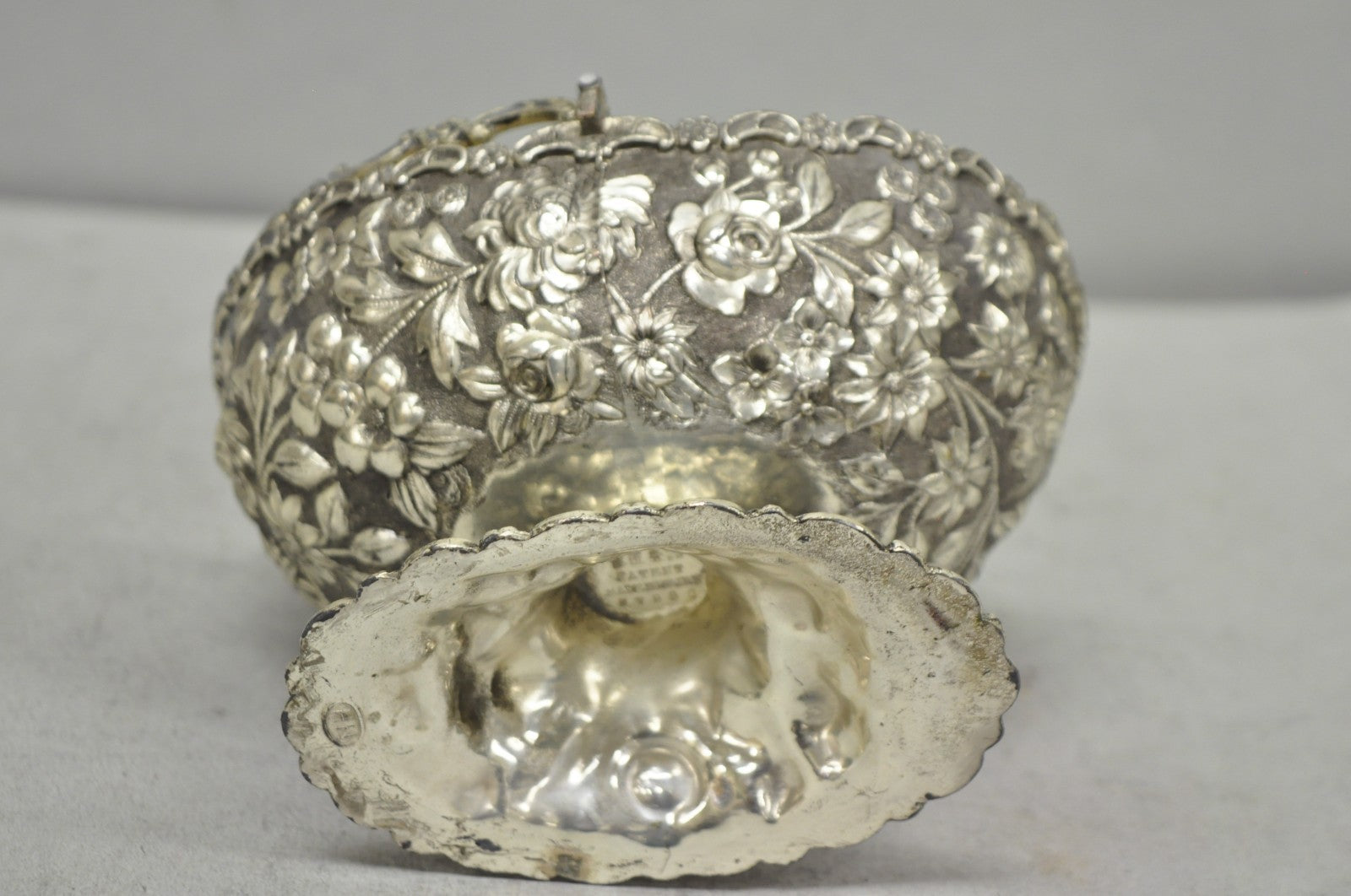 Antique Victorian Japanese Silver Plated Rose Flower Repousse Nut Bowl Dish