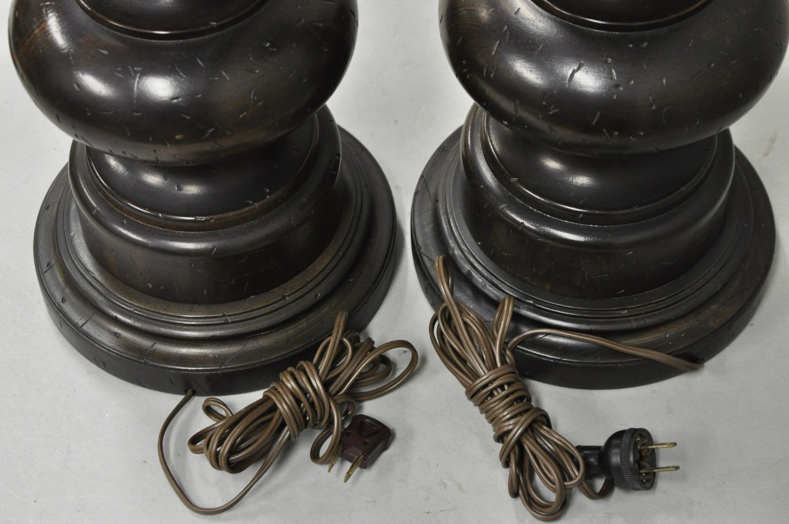 Vintage French Country Farmhouse Distressed Solid Carved Wood Table Lamps - Pair