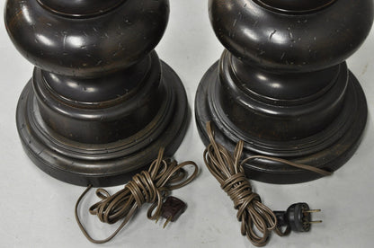 Vintage French Country Farmhouse Distressed Solid Carved Wood Table Lamps - Pair
