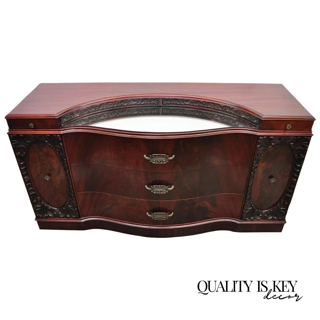 Vintage Chinese Chippendale Mahogany Serpentine Triple Dresser Credenza w Mirror