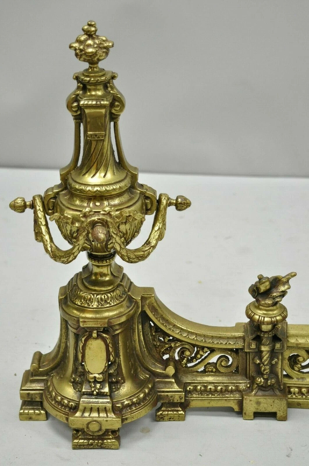 Antique French Louis XVI Brass Bronze Flame Finial Andirons w/ Adjustable Fender