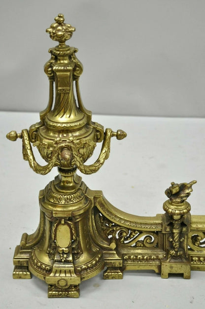 Antique French Louis XVI Brass Bronze Flame Finial Andirons w/ Adjustable Fender