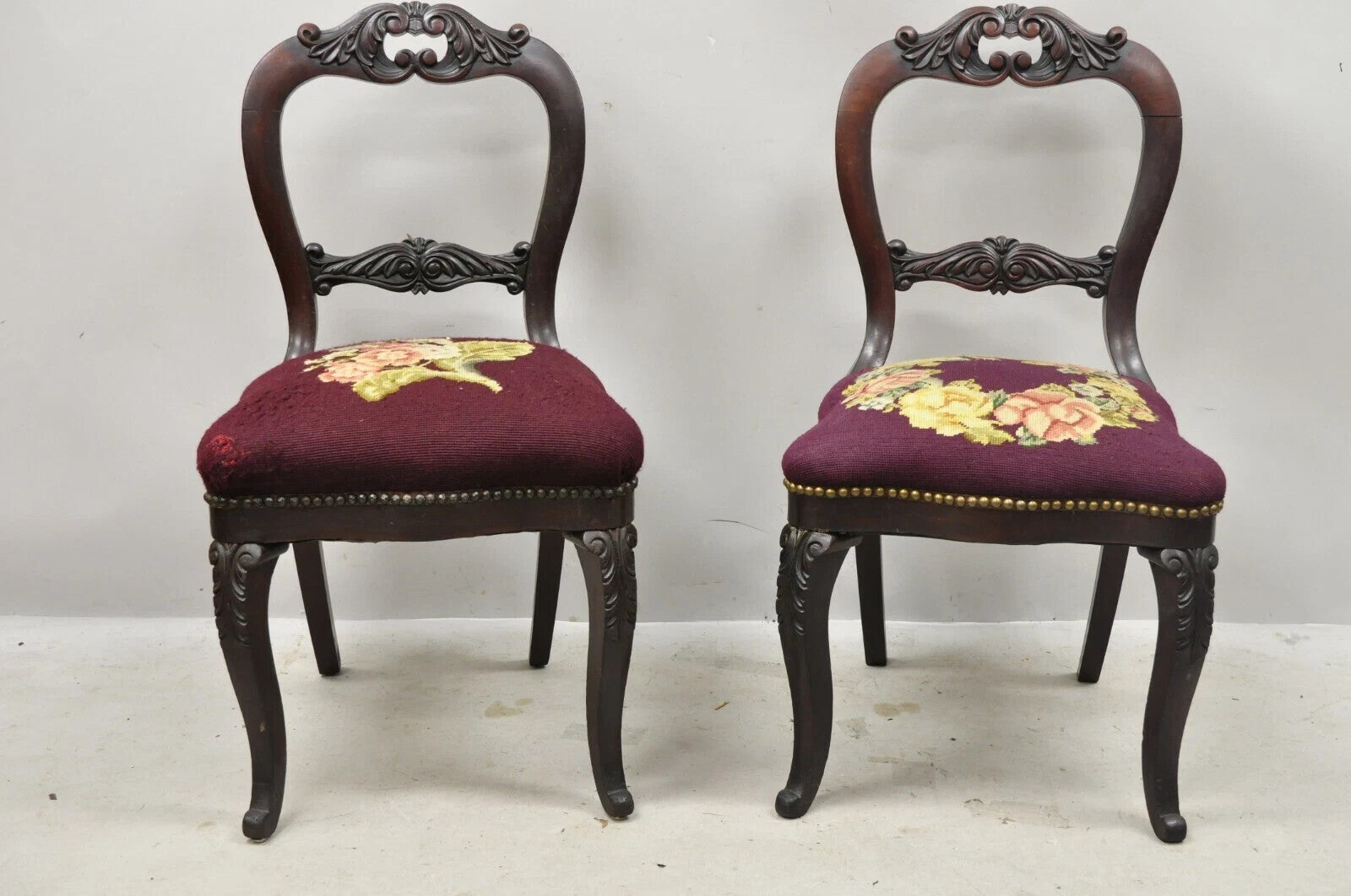 Antique Eastlake Victorian Carved Mahogany Needlepoint Parlor Side Chairs - Pair