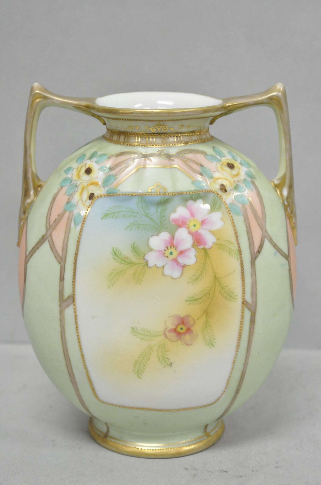 Antique Nippon Art Nouveau Hand Painted Porcelain Pink Flower Twin Handle Vase