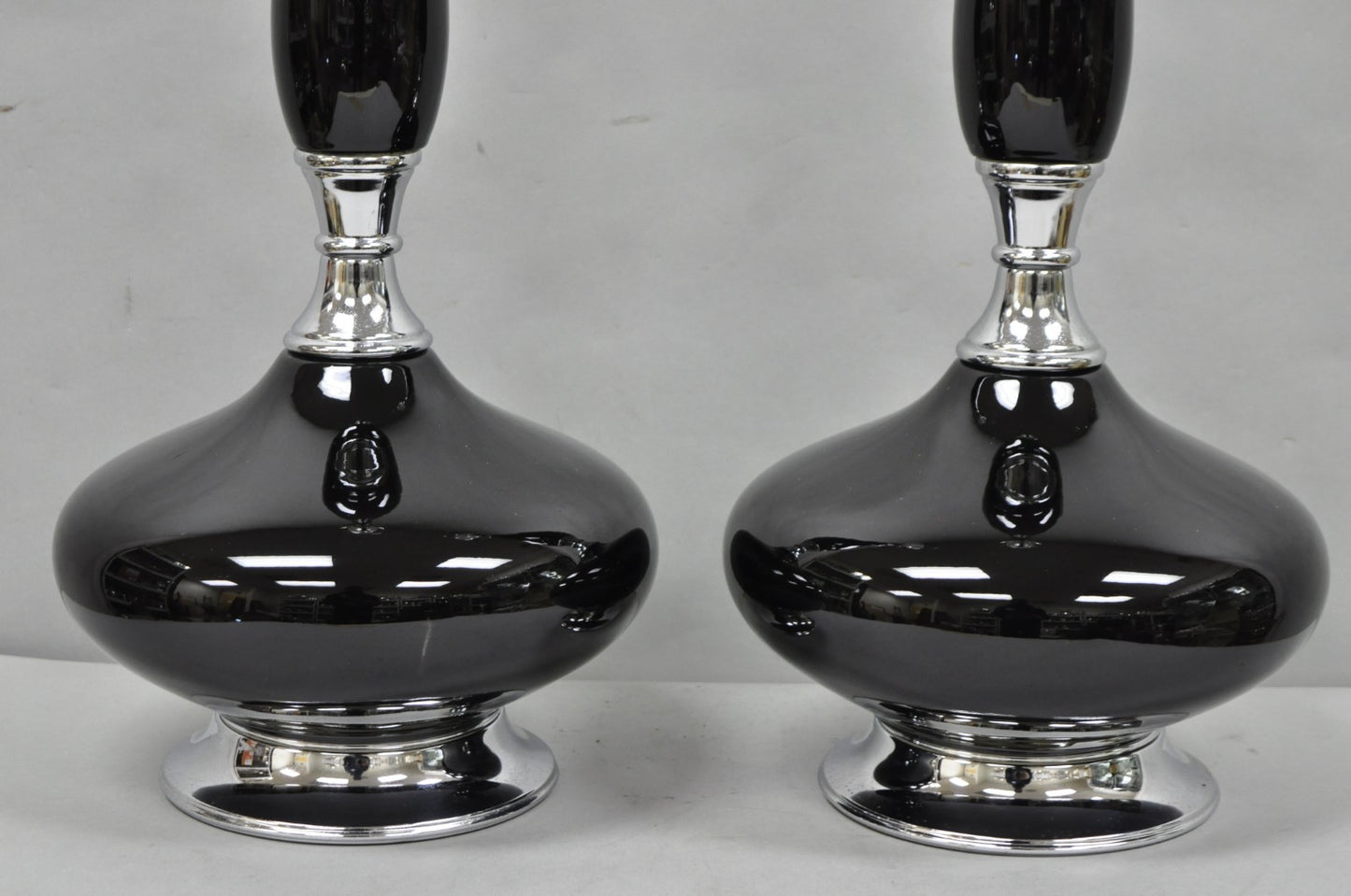 Vintage Mid Century Modern Black Glazed Ceramic & Chrome Table Lamps - a Pair