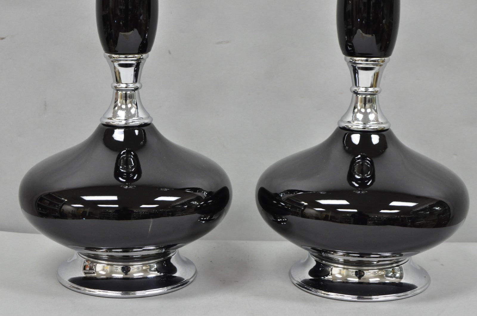 Vintage Mid Century Modern Black Glazed Ceramic & Chrome Table Lamps - a Pair