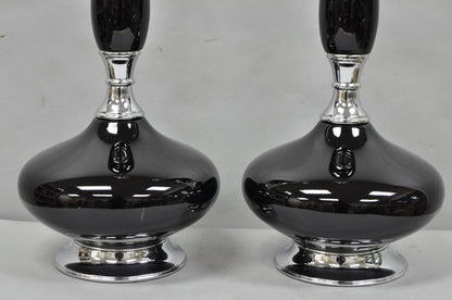 Vintage Mid Century Modern Black Glazed Ceramic & Chrome Table Lamps - a Pair