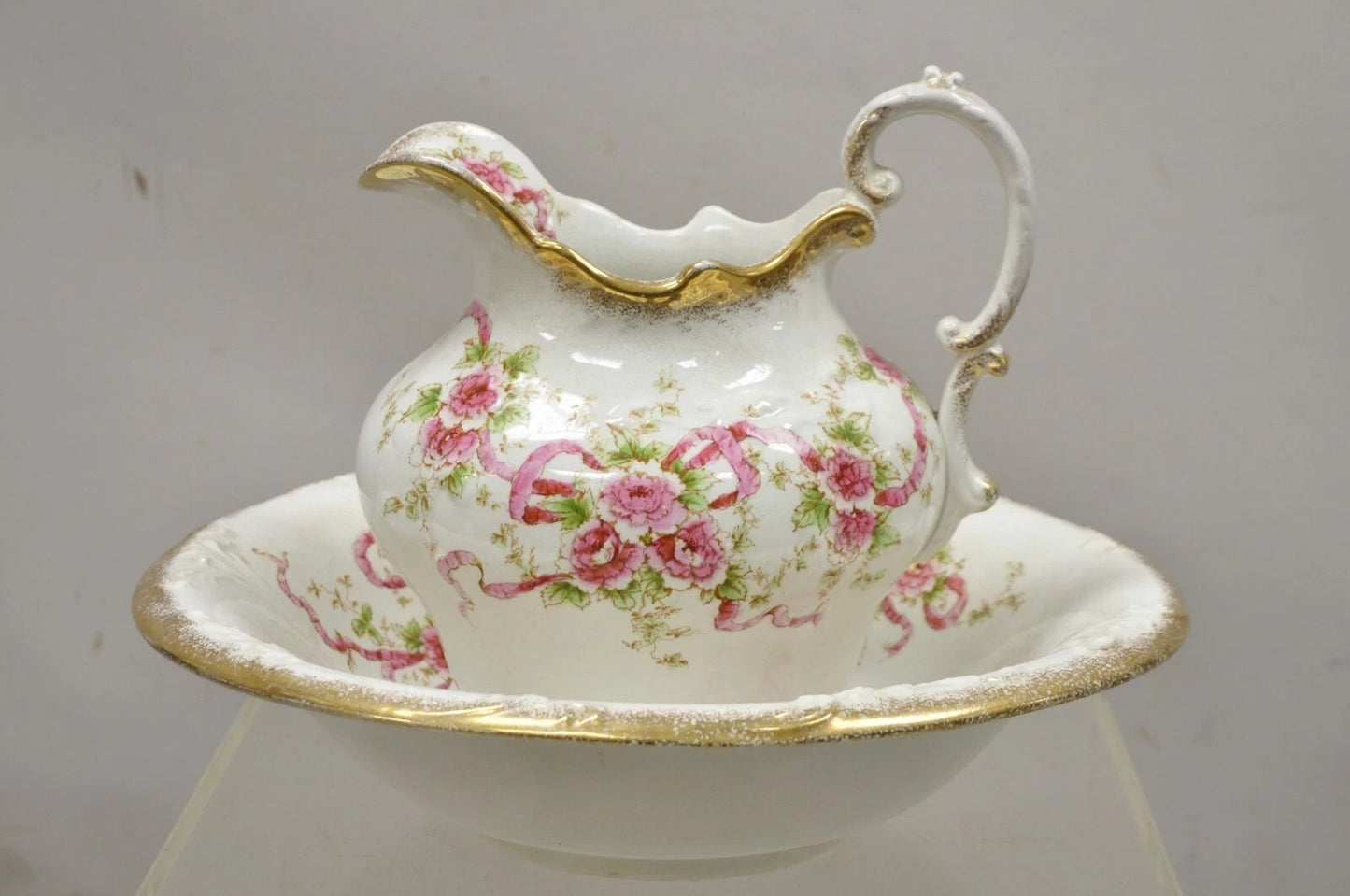 Antique WH Tatler Porcelain Pink Rose Flower Victorian Bath Wash Basin, 4 Pc Set