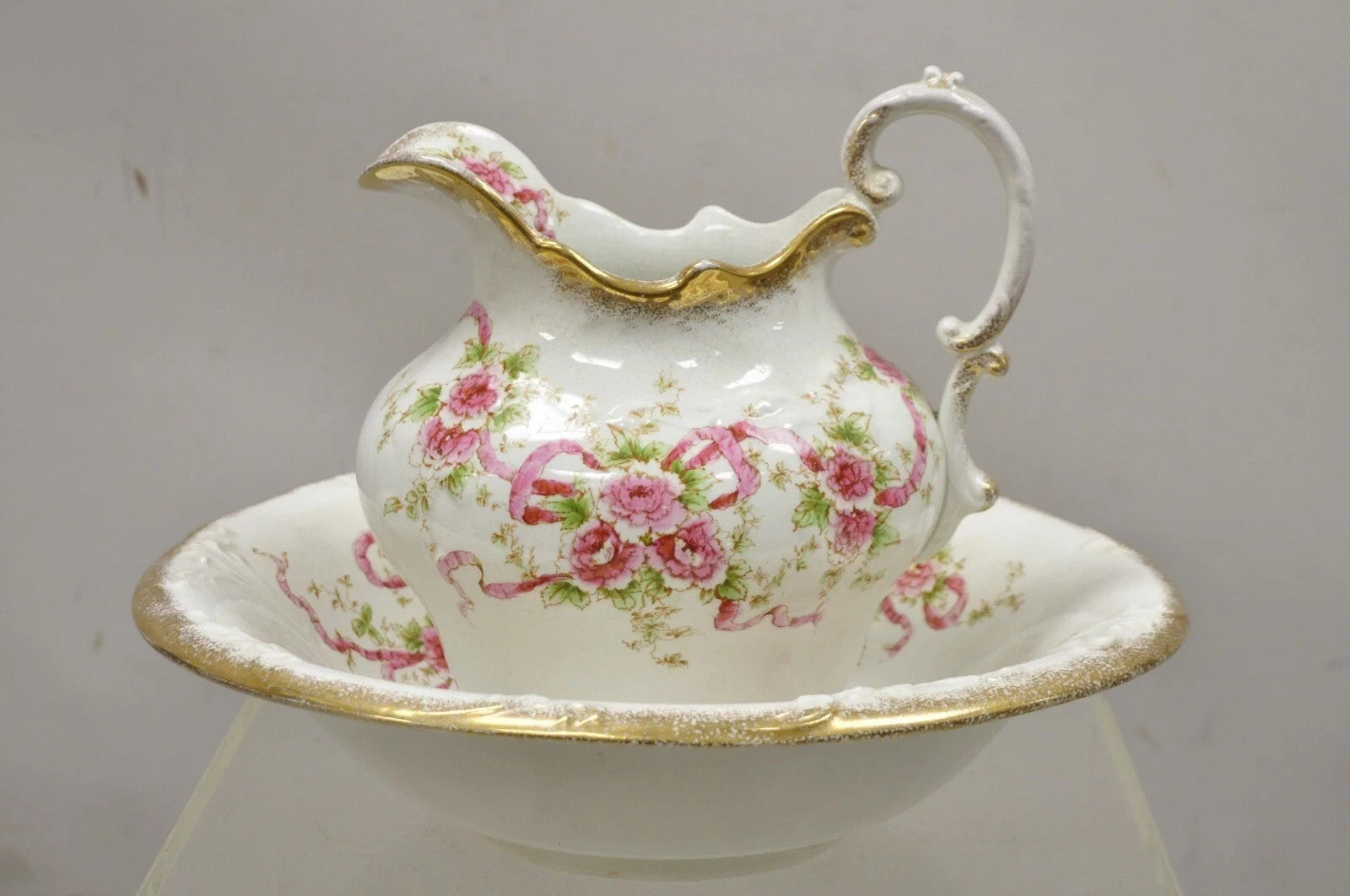 Antique WH Tatler Porcelain Pink Rose Flower Victorian Bath Wash Basin, 4 Pc Set