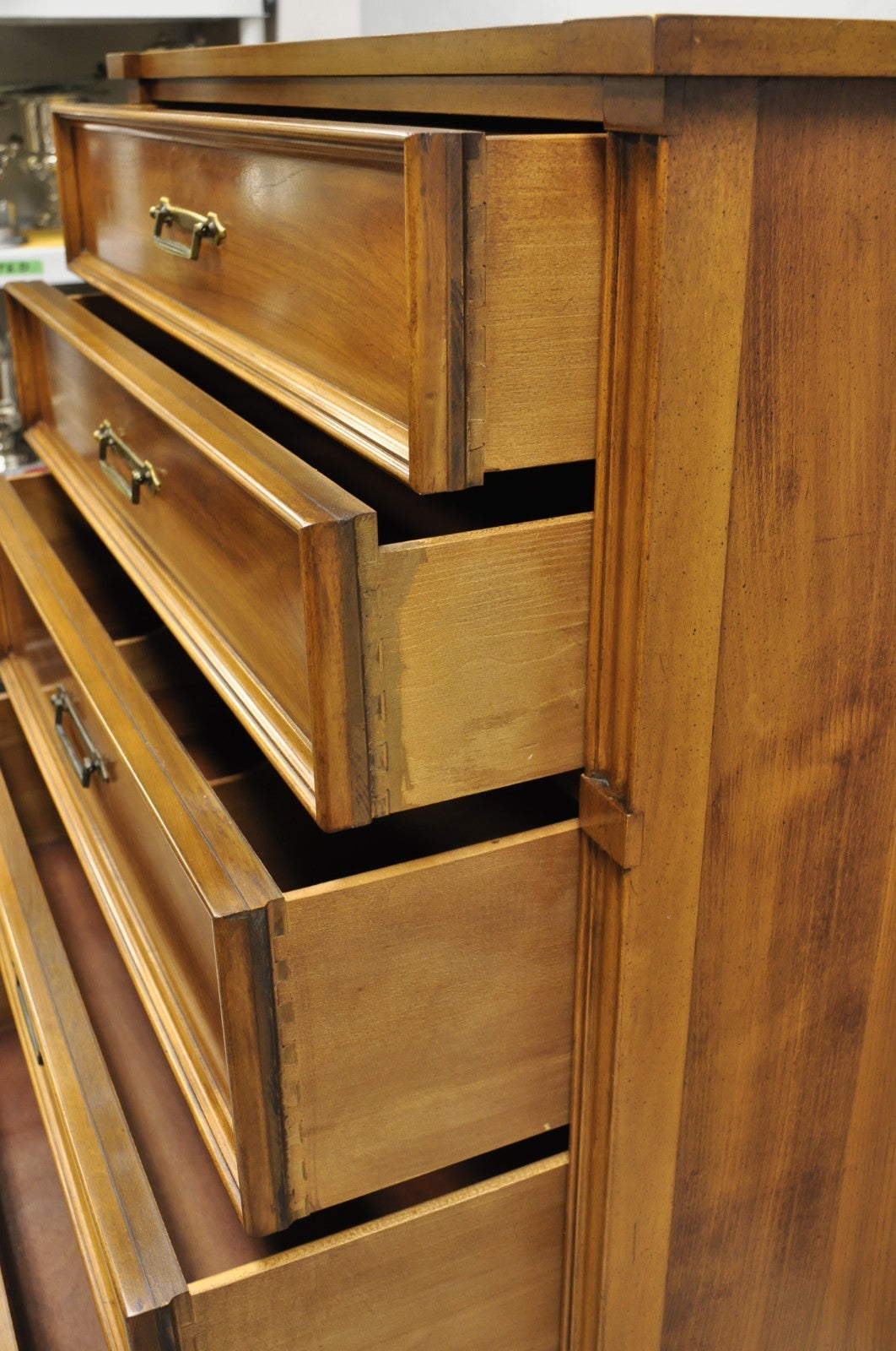 Vintage Hollywood Regency Cherry Wood 5 Drawer Tall Chest Dresser by White Furn