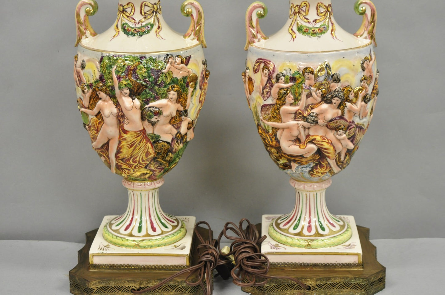 Antique Italian Capodimonte Ceramic Porcelain Figural Urn Table Lamps - a Pair