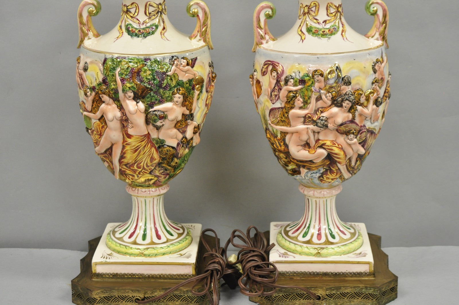 Antique Italian Capodimonte Ceramic Porcelain Figural Urn Table Lamps - a Pair