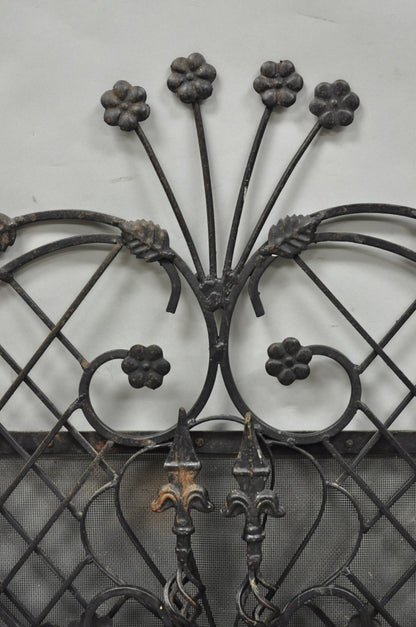 Antique Gothic Arts & Crafts Wrought Iron Scrolling Folding Fireplace Screen