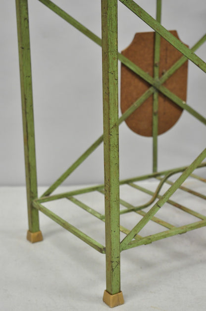 Vintage Italian Neoclassical Green Wrought Iron Book Magazine Rack w/ Shield