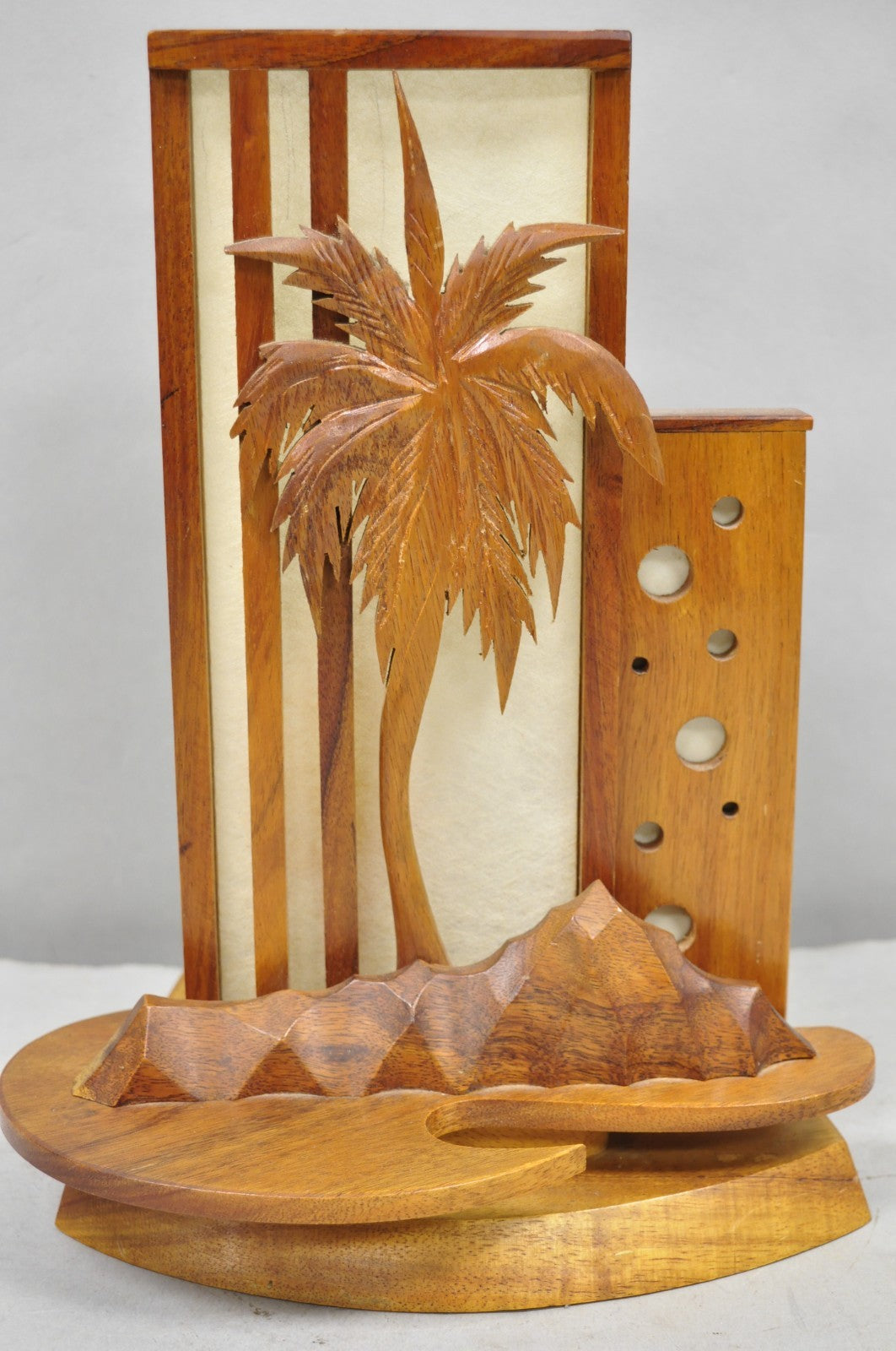 Vintage Mid Century Modern Carved Hawaiian Koa Wood Palm Tree Tiki Table Lamp