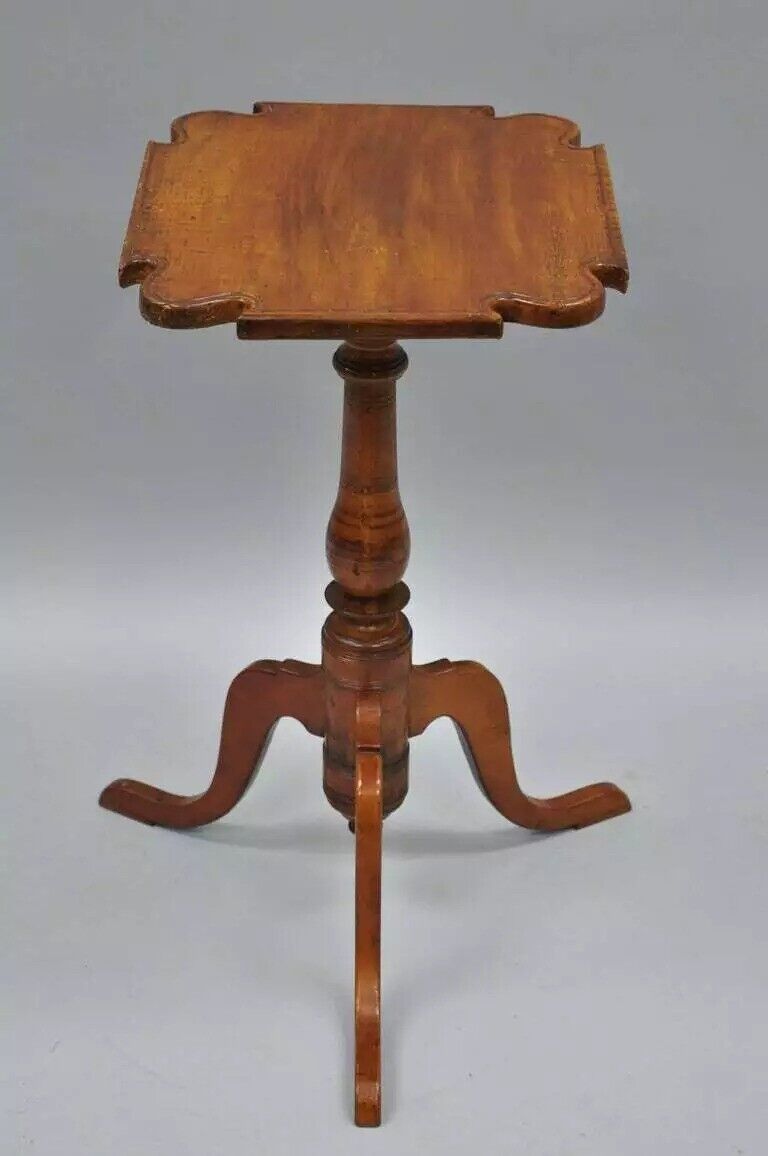 18th C. Federal Cherry Candle Stand Tea Table Tripod Pedestal Scallop Carved Top
