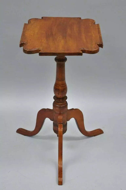 18th C. Federal Cherry Candle Stand Tea Table Tripod Pedestal Scallop Carved Top