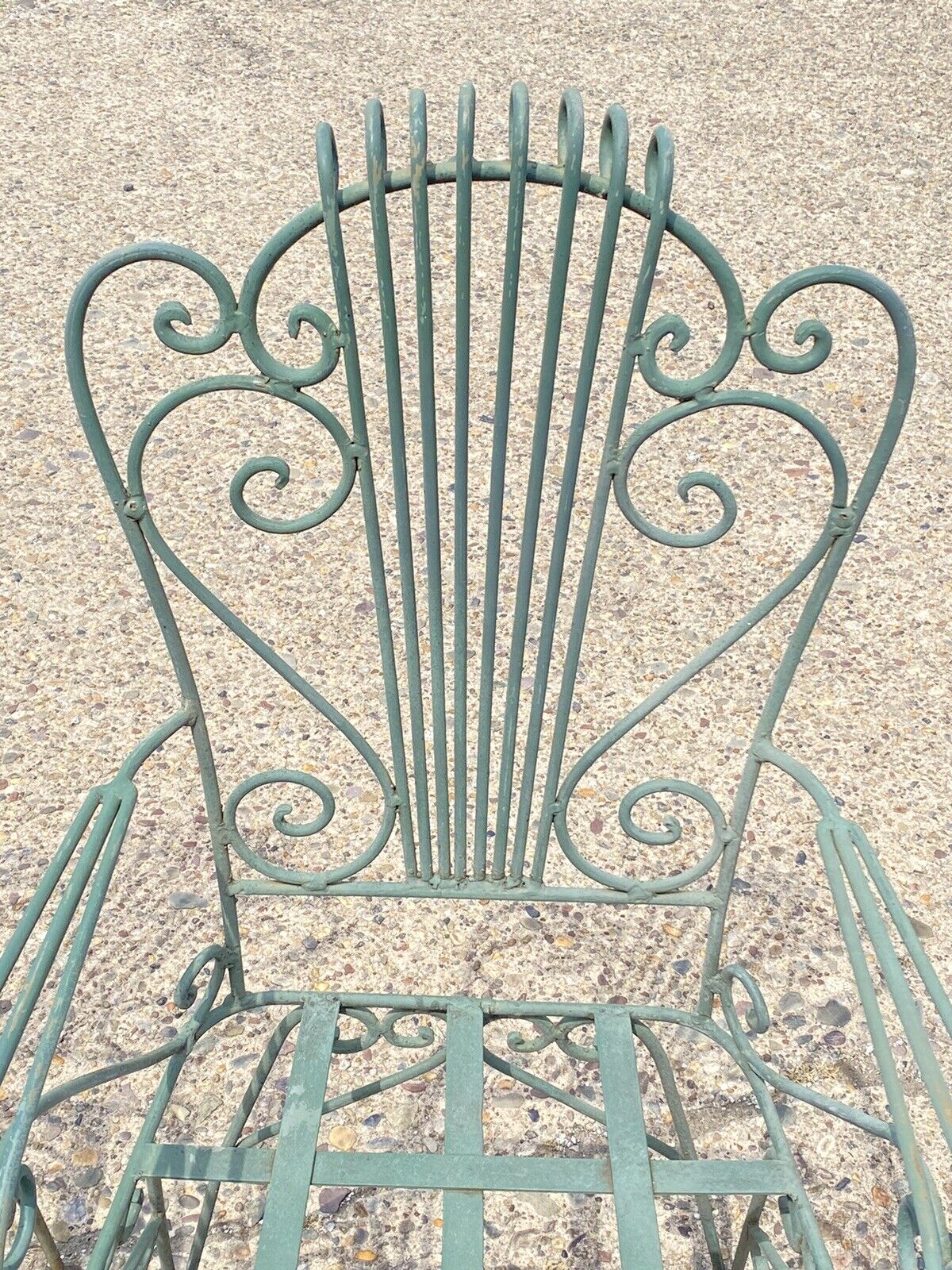 Vintage Neoclassical Style Green Wrought Iron Lyre Harp Garden Chairs - Set of 4