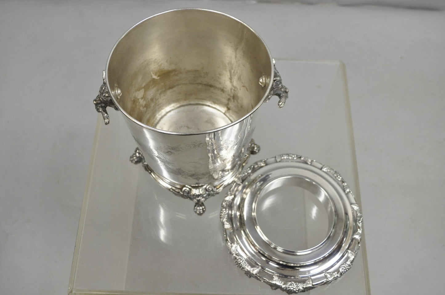 Antique English Victorian Wolf Handle Silver Plated Champagne Chiller Ice Bucket