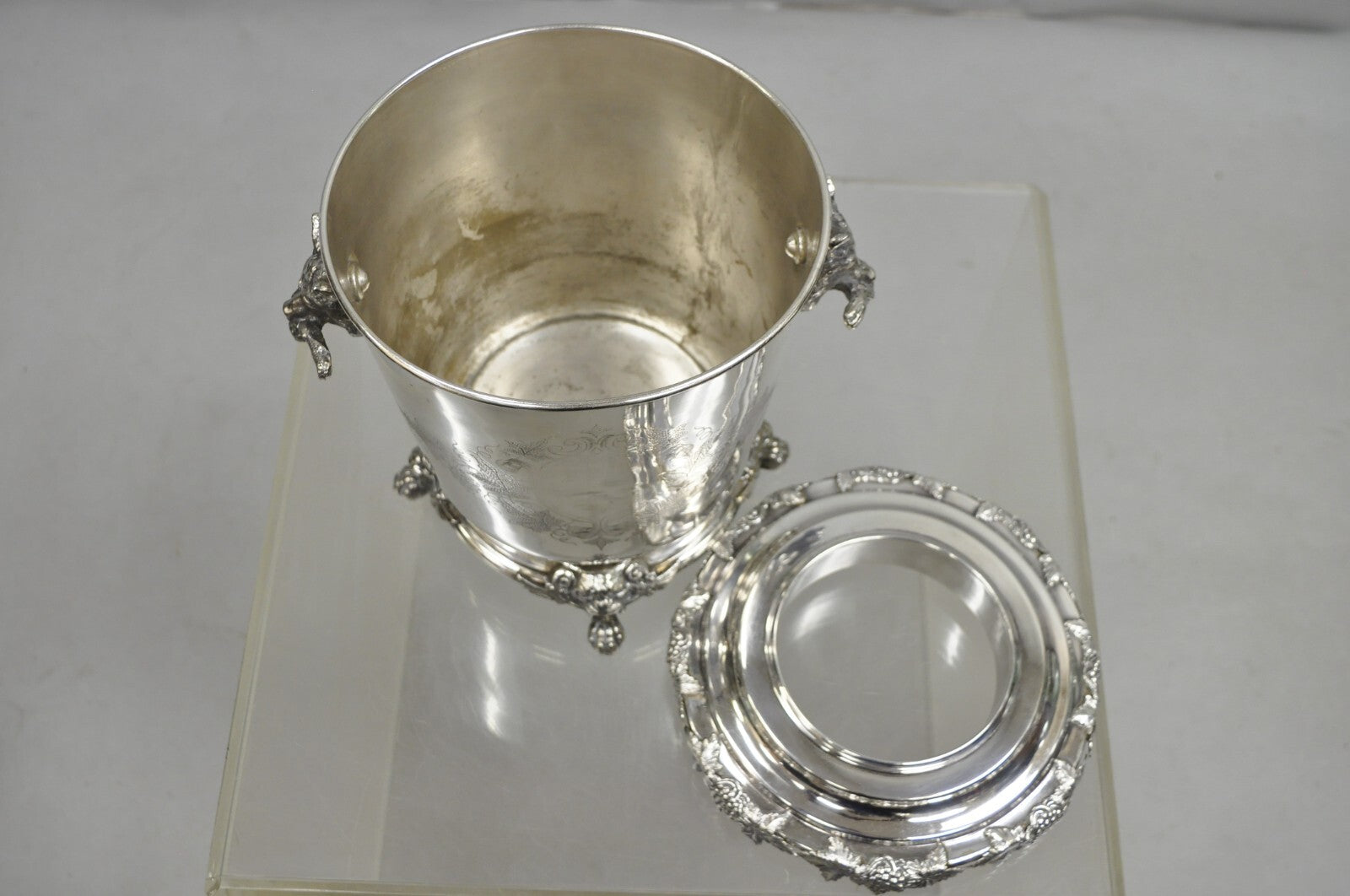 Antique English Victorian Wolf Handle Silver Plated Champagne Chiller Ice Bucket