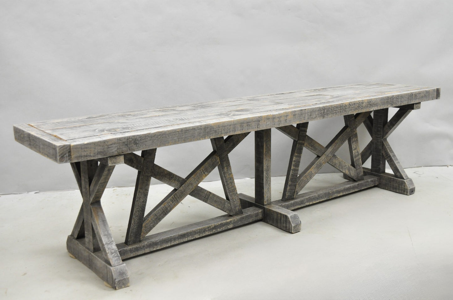 Primitive Rustic 72" Long Wooden Distressed Gray Wash Criss Cross Trestle Bench