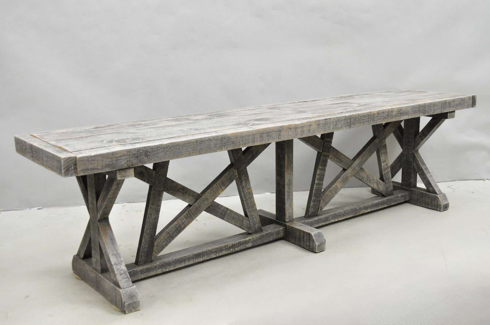 Primitive Rustic 72" Long Wooden Distressed Gray Wash Criss Cross Trestle Bench