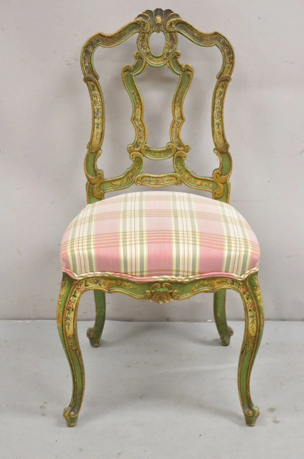 Antique Italian Venetian Green Floral Hand Painted Dining Side Chairs - Set of 4