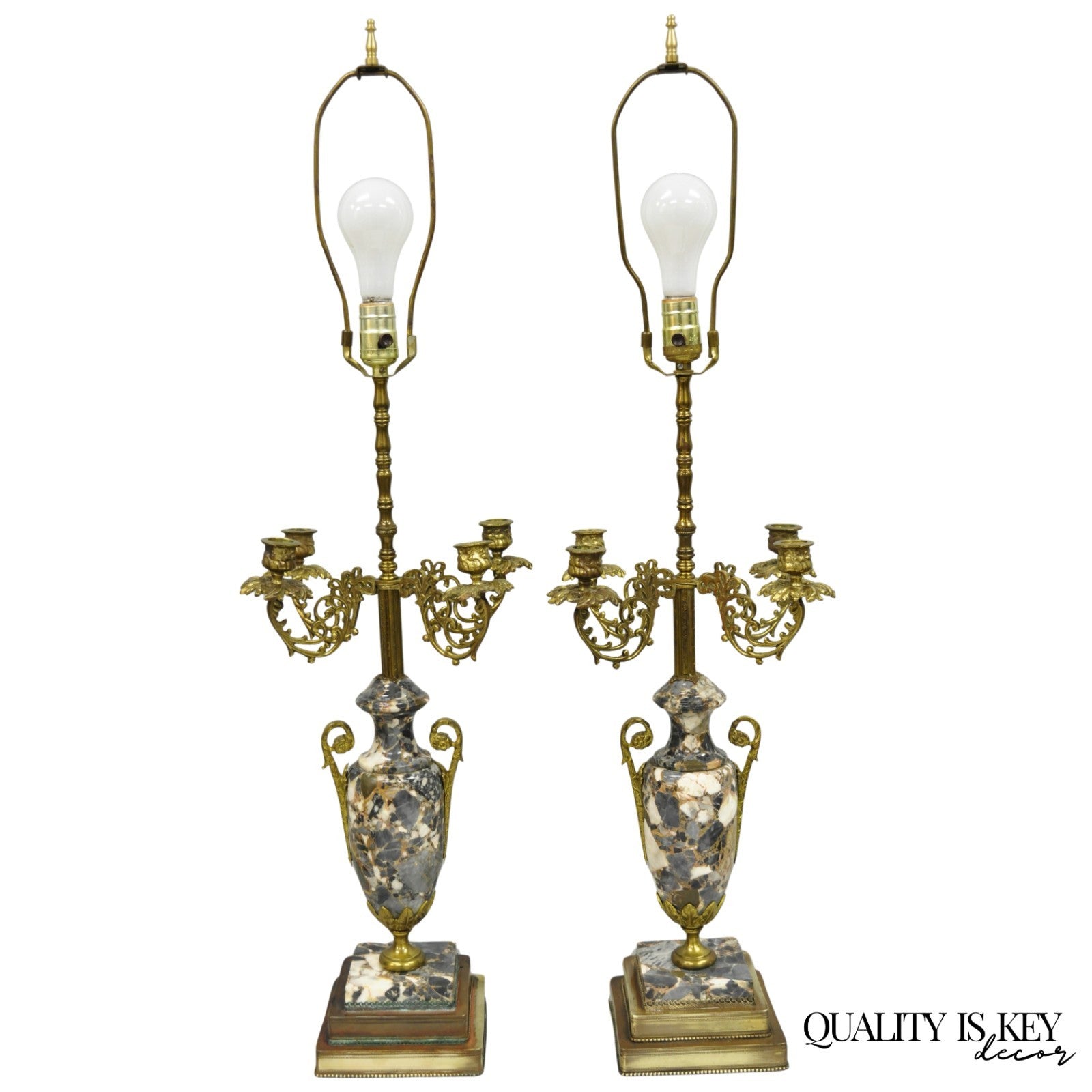 Antique French Empire Neoclassical Marble Urn Brass Candelabra Table Lamp Pair