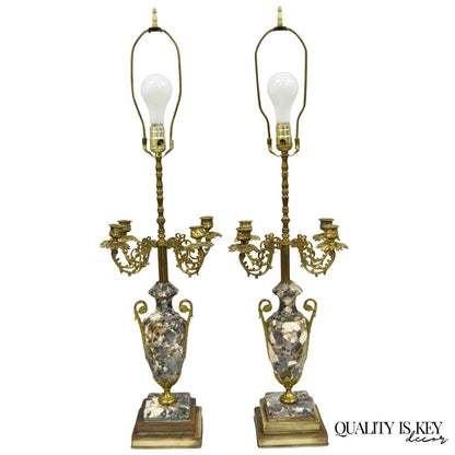 Antique French Empire Neoclassical Marble Urn Brass Candelabra Table Lamp Pair