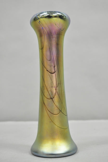 Vintage Steven Maslach 1987 Signed Iridescent & Cobalt Blue Art Glass Vase