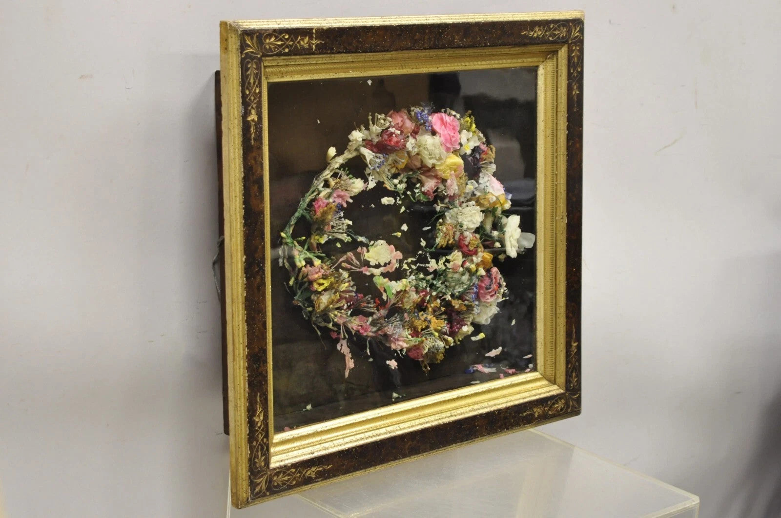 Antique Victorian Wax Flower Floral Mourning Wreath Shadow Box Wall Frame Oddity