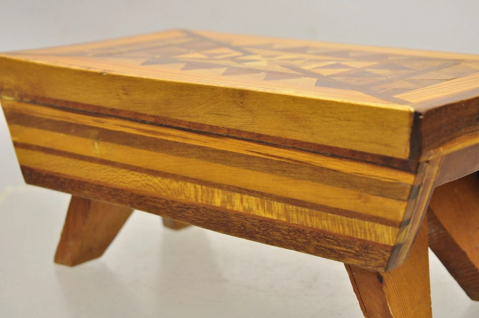 Vintage Folk Art Marquetry Inlay Small Wooden Primitive Footstool Ottoman Stool