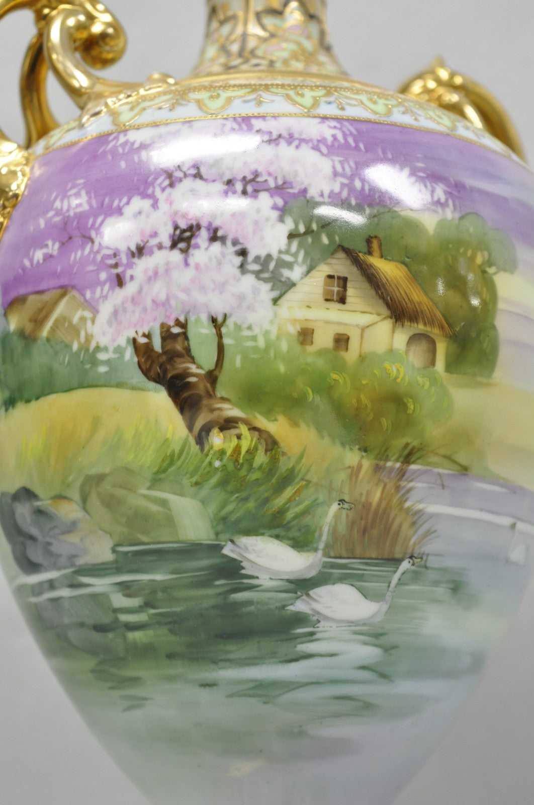 Antique Nippon Hand Painted Cottage Lake Porcelain Twin Handle Bolted Urn Vase