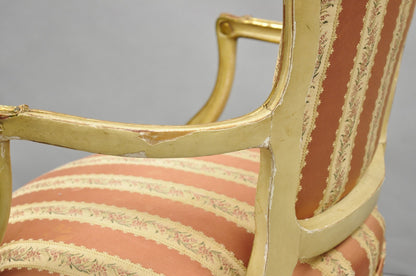 Antique French Louis XV Style Gold Giltwood Pink Stripe Fauteuil Arm Chair, Pair