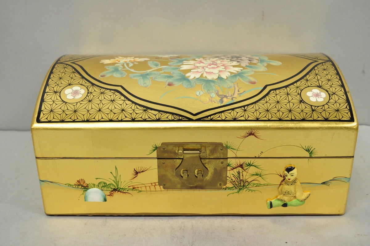 Vintage Chinese Oriental Gold Leaf Dome Lid Jewelry Box w/ Soapstone Figures