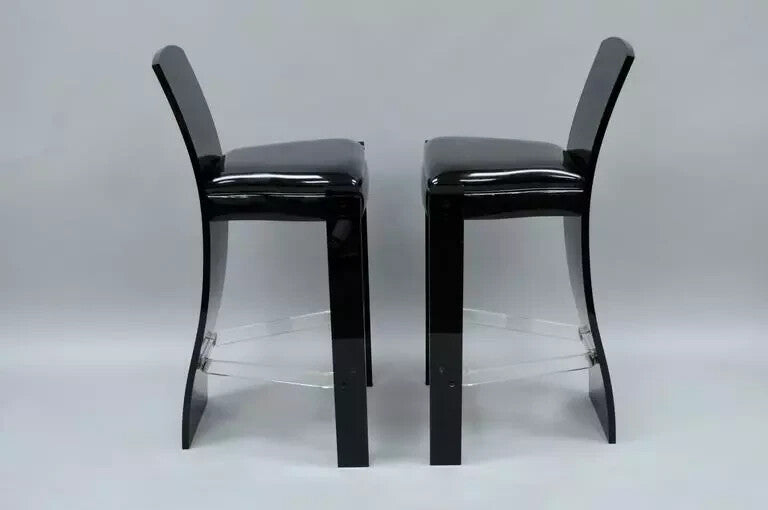 Vintage Mid Century Modern Black Lucite Sculptural Bar Stool Chair by Hill, Pair