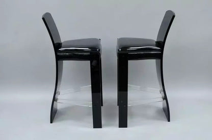 Vintage Mid Century Modern Black Lucite Sculptural Bar Stool Chair by Hill, Pair