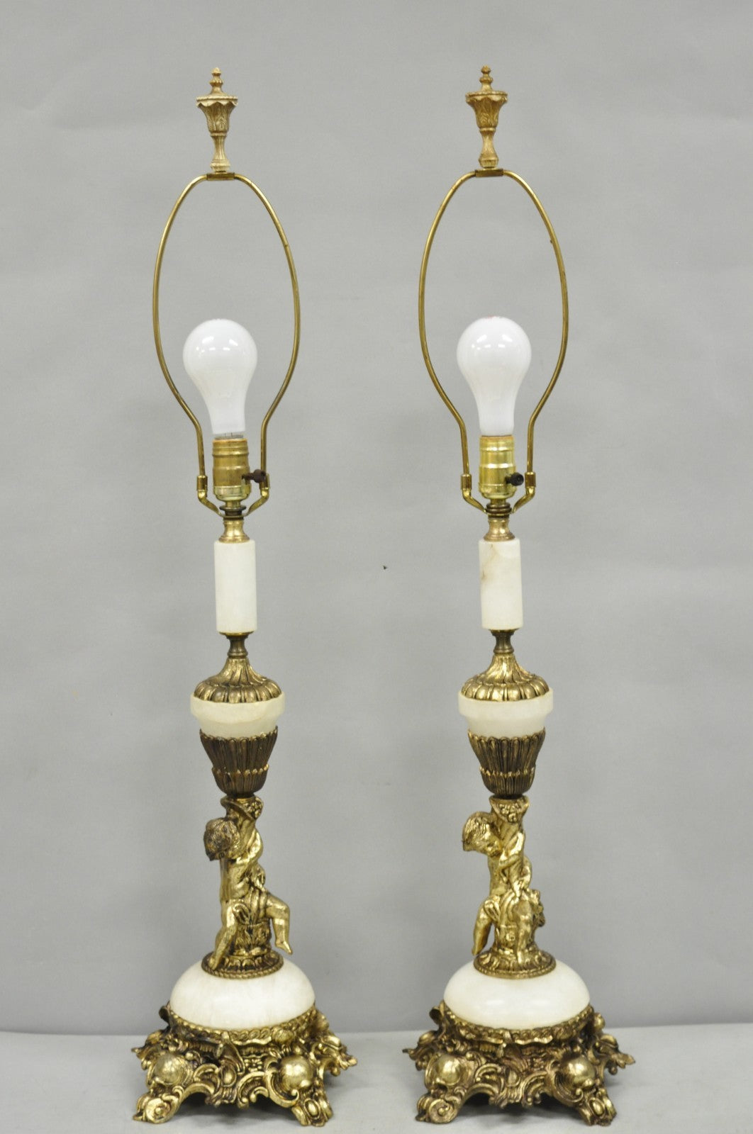 Vintage French Renaissance Rococo Alabaster & Brass Cherub Table Lamps - a Pair