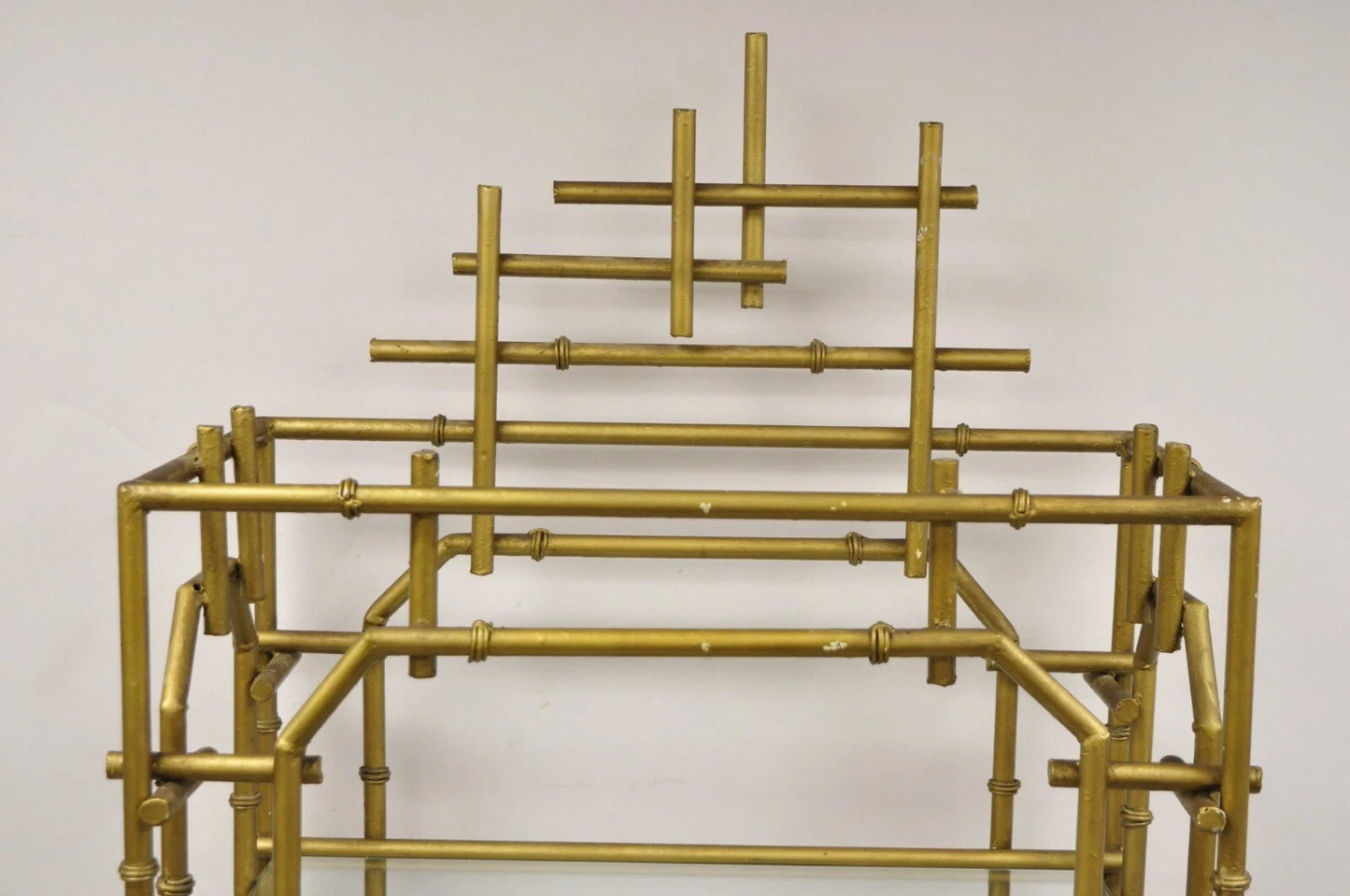 Hollywood Regency Faux Bamboo Chinese Chippendale Pagoda Gold Etagere Bookcase