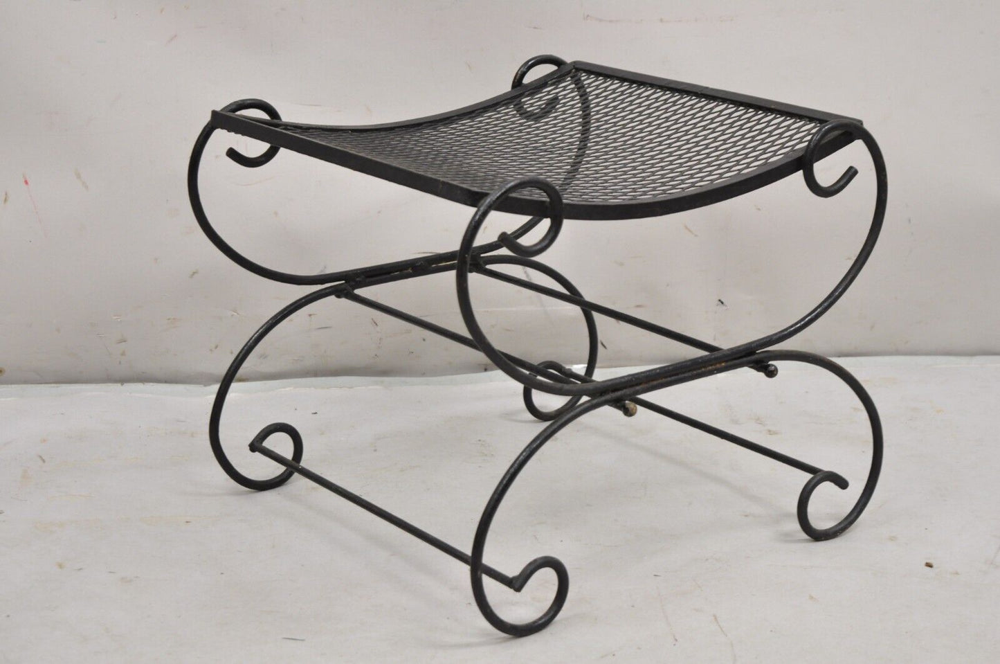 Vintage Hollywood Regency Black Wrought Iron Curule Scrolling Bench (A)