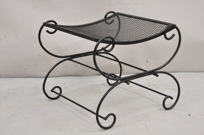 Vintage Hollywood Regency Black Wrought Iron Curule Scrolling Bench (A)