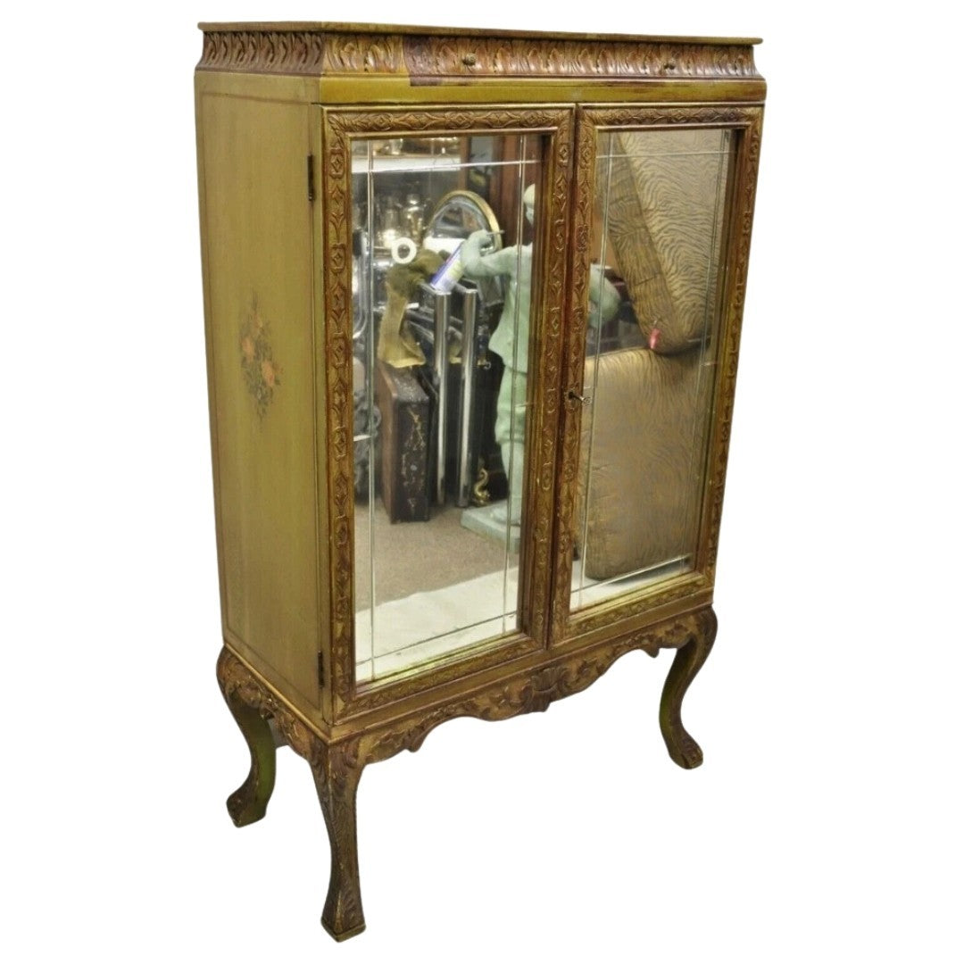 Antique Georgian Green Painted Mirror Front 2 Door Curio China Radio Cabinet