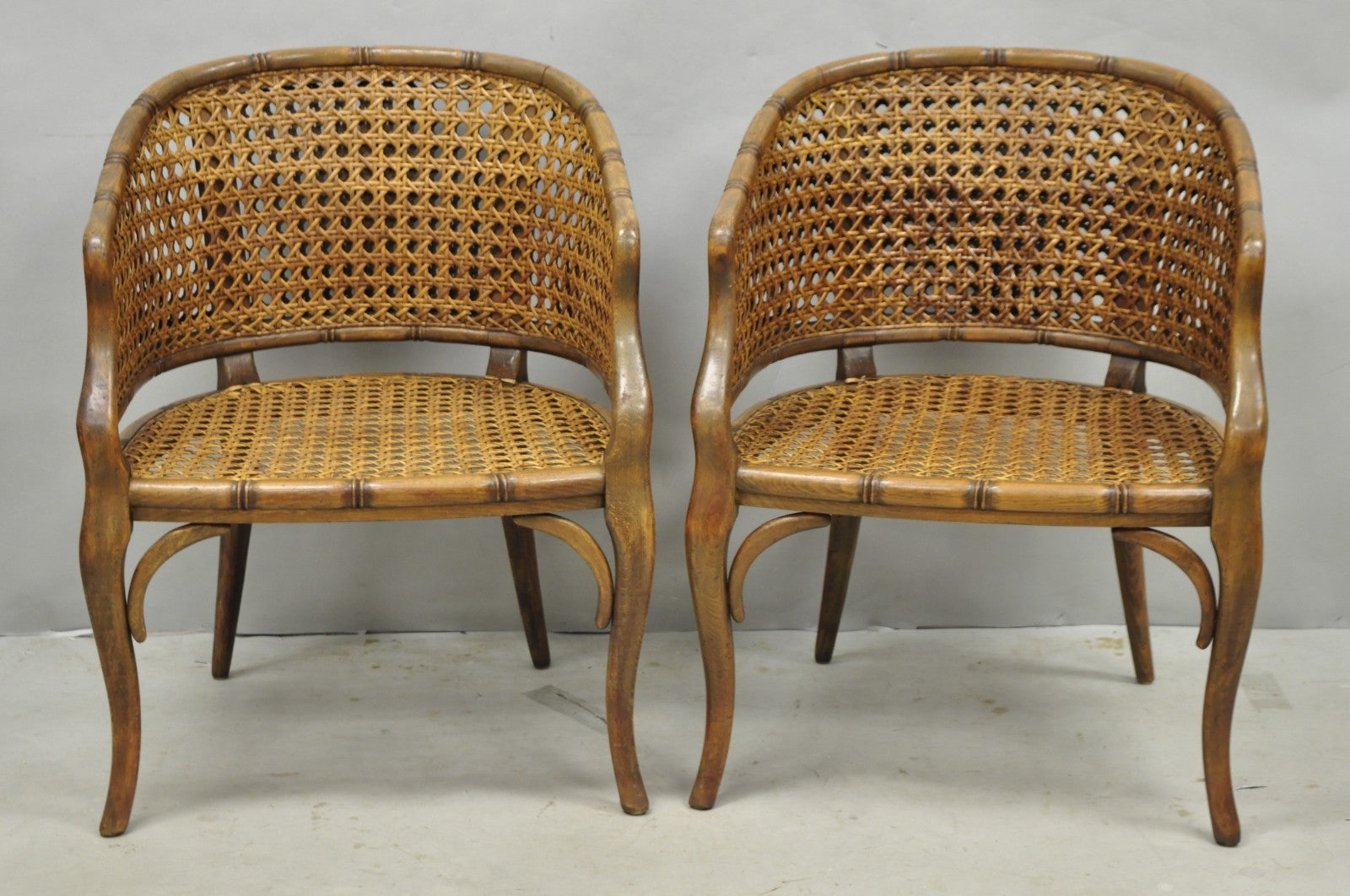 Vintage Hollywood Regency Faux Bamboo Wood & Cane Barrel Back Lounge Chair, Pair
