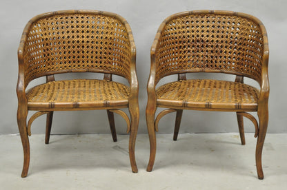 Vintage Hollywood Regency Faux Bamboo Wood & Cane Barrel Back Lounge Chair, Pair