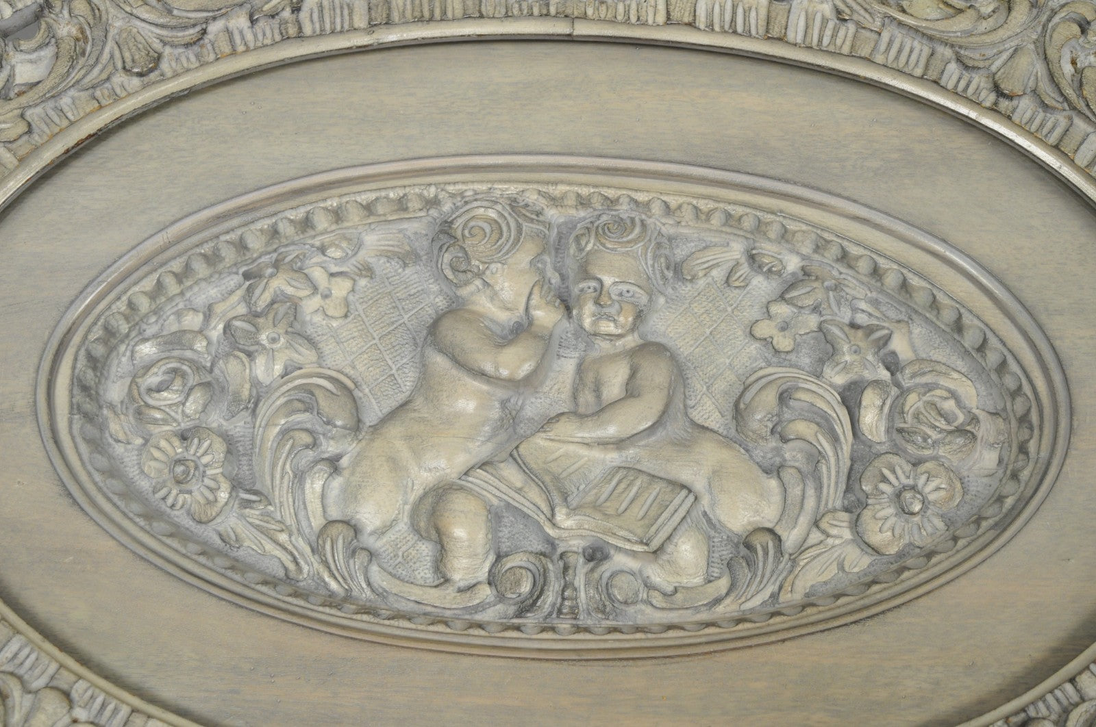 Vintage French Renaissance Walnut Gray Distress Painted Cherub Coffee Table
