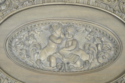 Vintage French Renaissance Walnut Gray Distress Painted Cherub Coffee Table