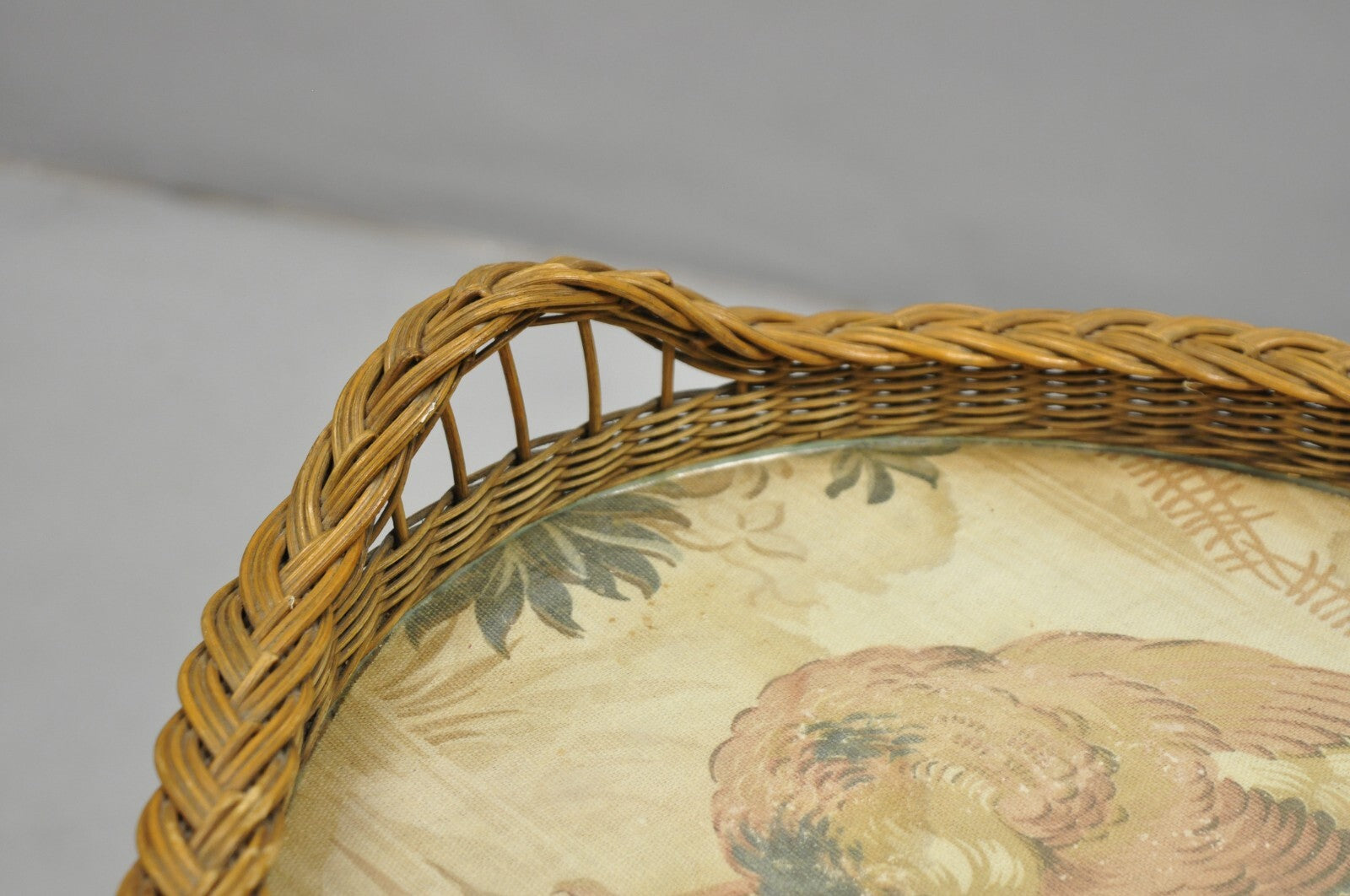 Antique French Victorian Wicker Pheasant Bird Tapestry Oval Bar Serving Tray